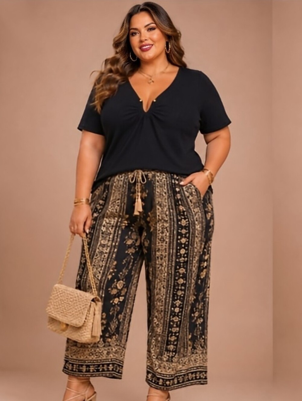 Shein Curve | Black Ribbed Knit V-Neck w/ Gold Adjustable U-Hook Detail | 3XL